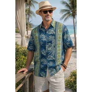 Van Heusen Linen Blend Tropical Shirt Blue Green Resort Aloha Button Up L